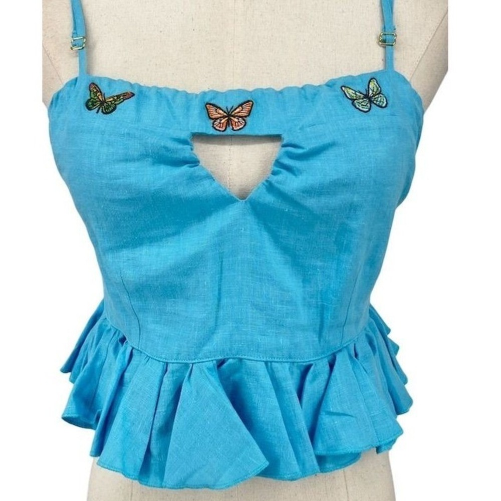 NEW Fanm Mon‎ Women's LARGE Blue Embroidered StrapPY Peplum Top Keyhole